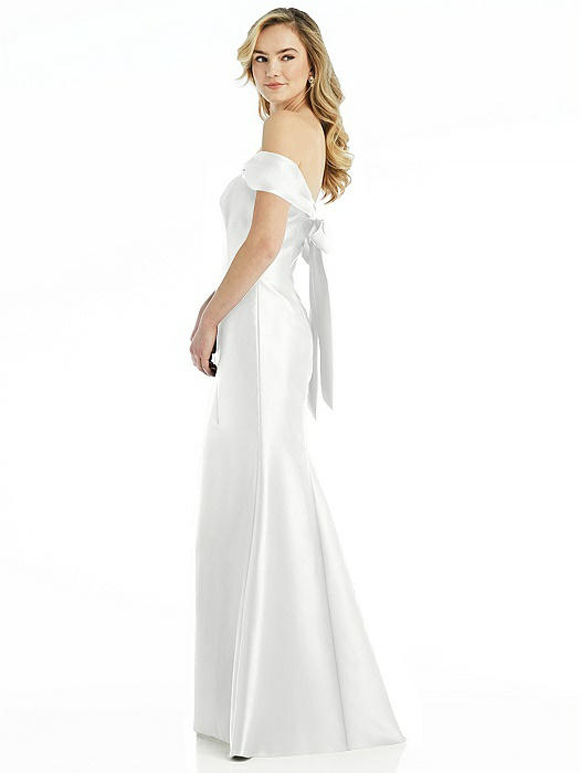 Off-the-Shoulder Bow-Back Satin Trumpet Gown