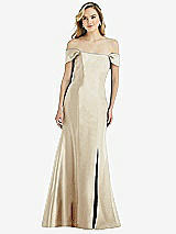 Side View Thumbnail - Champagne Off-the-Shoulder Bow-Back Satin Trumpet Gown