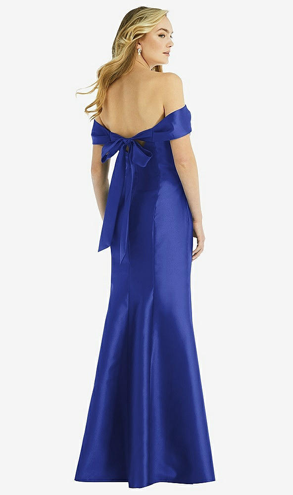 Back View - Cobalt Blue Off-the-Shoulder Bow-Back Satin Trumpet Gown