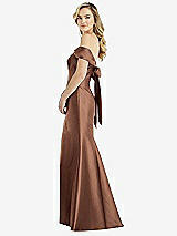 Front View Thumbnail - Cognac Off-the-Shoulder Bow-Back Satin Trumpet Gown