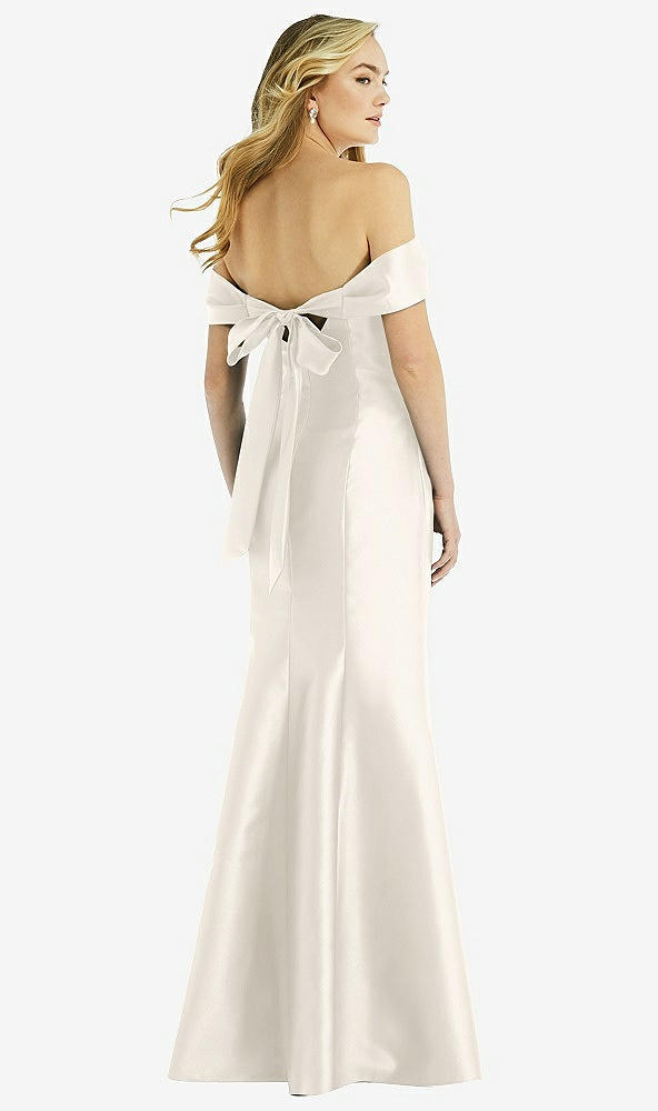 Back View - Ivory Off-the-Shoulder Bow-Back Satin Trumpet Gown
