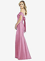 Front View Thumbnail - Powder Pink Off-the-Shoulder Bow-Back Satin Trumpet Gown