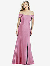 Side View Thumbnail - Powder Pink Off-the-Shoulder Bow-Back Satin Trumpet Gown
