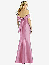 Rear View Thumbnail - Powder Pink Off-the-Shoulder Bow-Back Satin Trumpet Gown