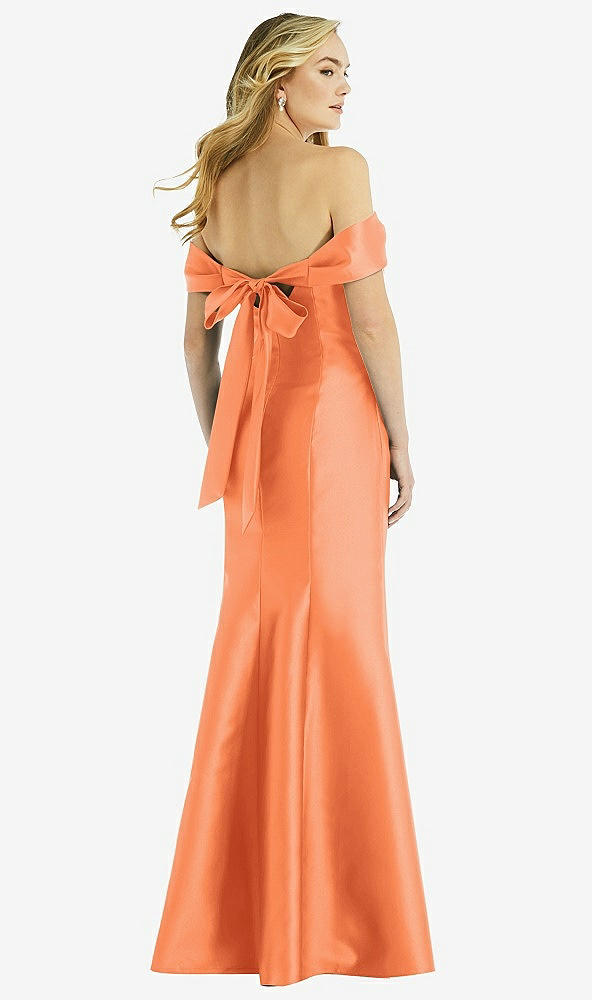 Back View - Portofino Orange Off-the-Shoulder Bow-Back Satin Trumpet Gown