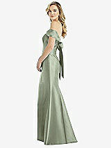 Front View Thumbnail - Sage Off-the-Shoulder Bow-Back Satin Trumpet Gown