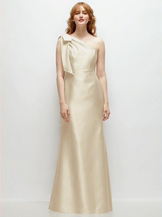 Bow One-Shoulder Satin Trumpet Gown
