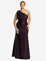 Alt View 4 Thumbnail - Deep Plum Bow One-Shoulder Satin Trumpet Gown