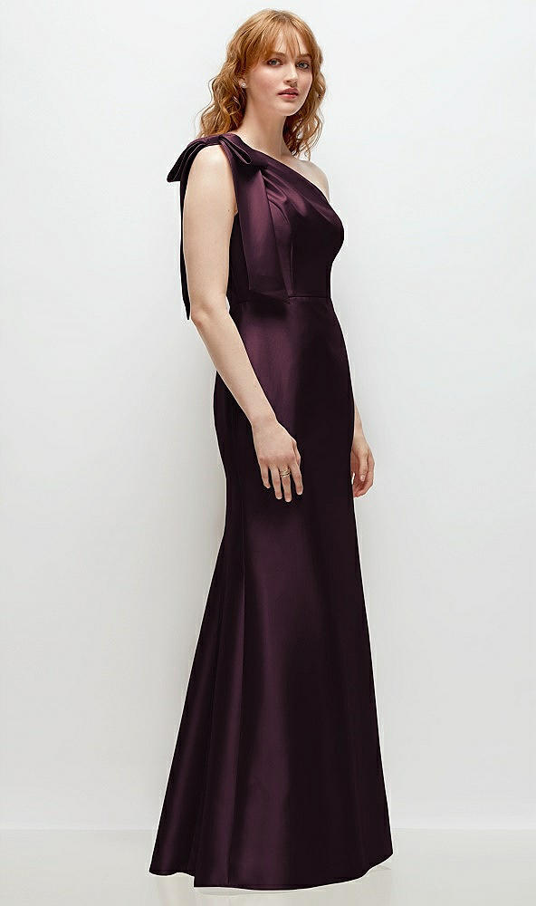 Back View - Deep Plum Bow One-Shoulder Satin Trumpet Gown