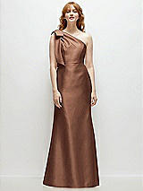 Front View Thumbnail - Cognac Bow One-Shoulder Satin Trumpet Gown