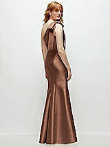 Side View Thumbnail - Cognac Bow One-Shoulder Satin Trumpet Gown