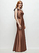 Rear View Thumbnail - Cognac Bow One-Shoulder Satin Trumpet Gown