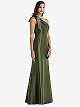 Alt View 3 Thumbnail - Olive Green Bow One-Shoulder Satin Trumpet Gown