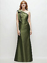 Front View Thumbnail - Olive Green Bow One-Shoulder Satin Trumpet Gown
