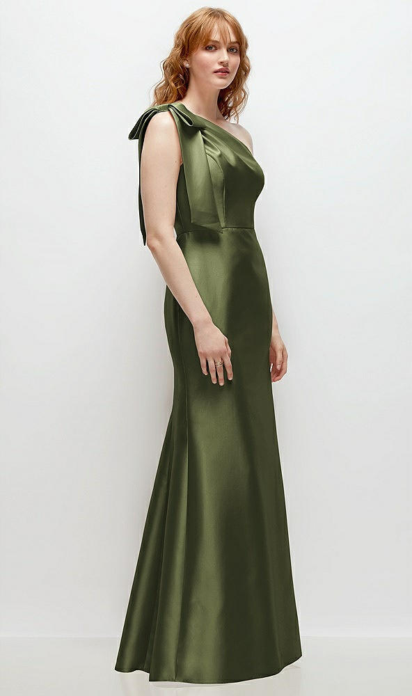 Back View - Olive Green Bow One-Shoulder Satin Trumpet Gown