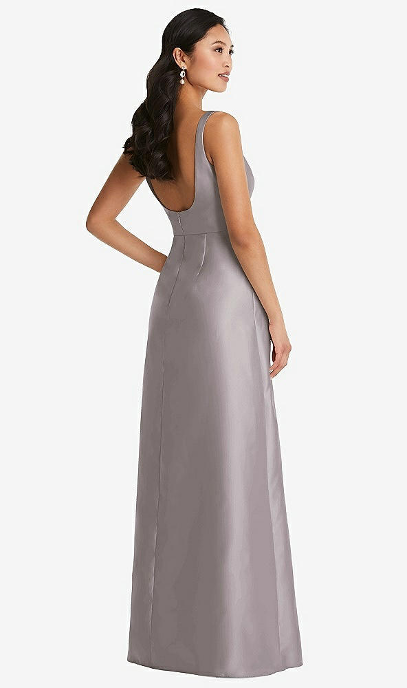 Back View - Cashmere Gray Pleated Bodice Open-Back Maxi Dress with Pockets