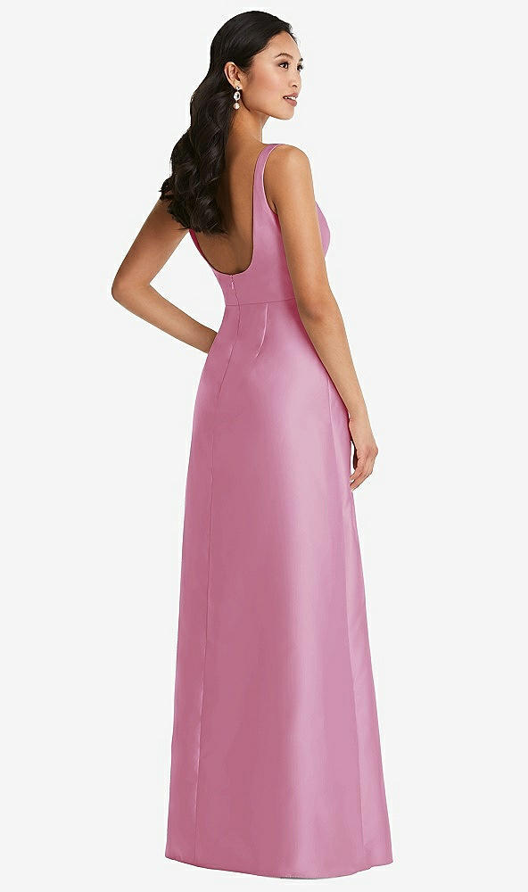 Back View - Powder Pink Pleated Bodice Open-Back Maxi Dress with Pockets