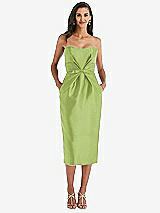 Front View Thumbnail - Mojito Strapless Bow-Waist Pleated Satin Pencil Dress with Pockets