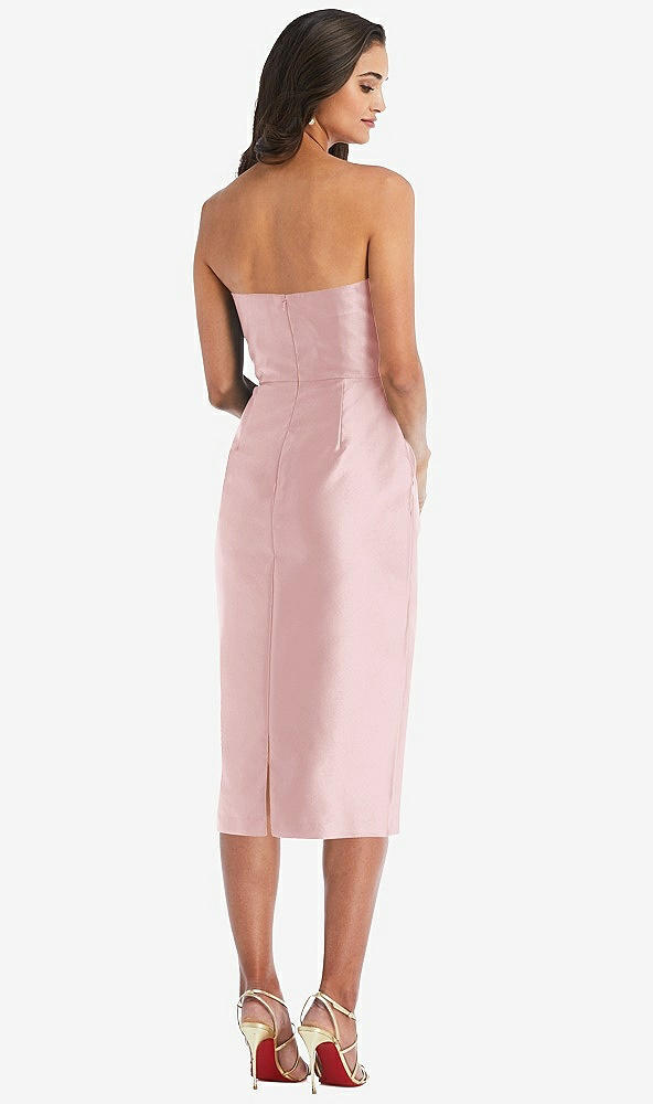 Back View - Ballet Pink Strapless Bow-Waist Pleated Satin Pencil Dress with Pockets