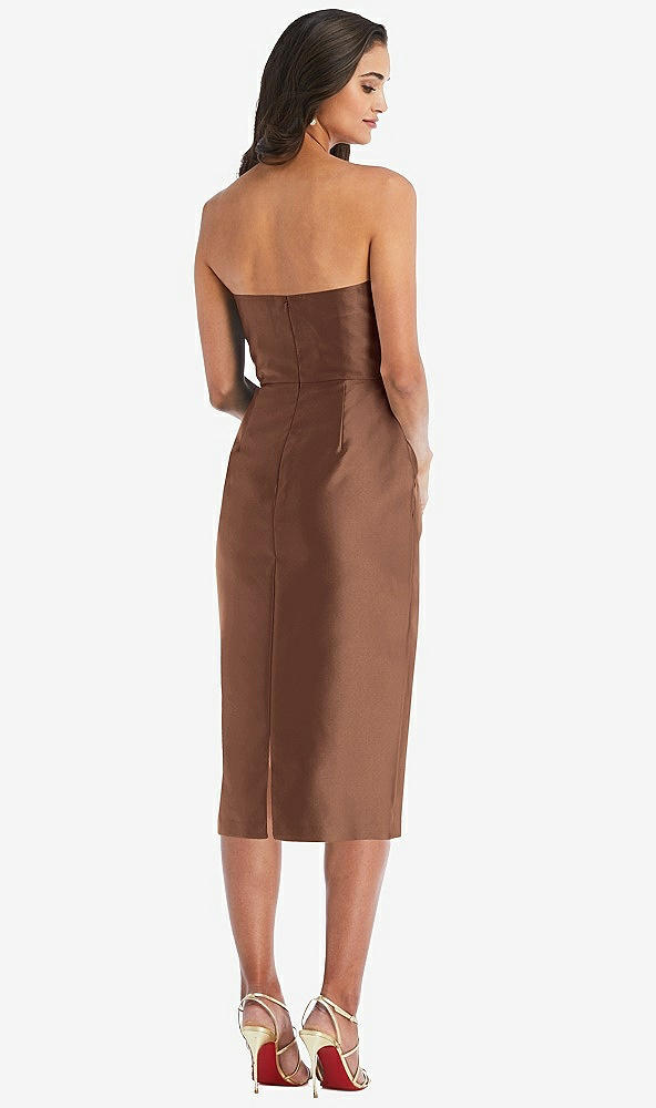 Back View - Cognac Strapless Bow-Waist Pleated Satin Pencil Dress with Pockets