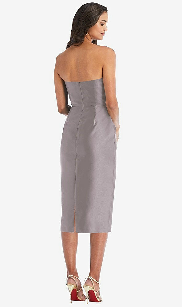 Back View - Cashmere Gray Strapless Bow-Waist Pleated Satin Pencil Dress with Pockets