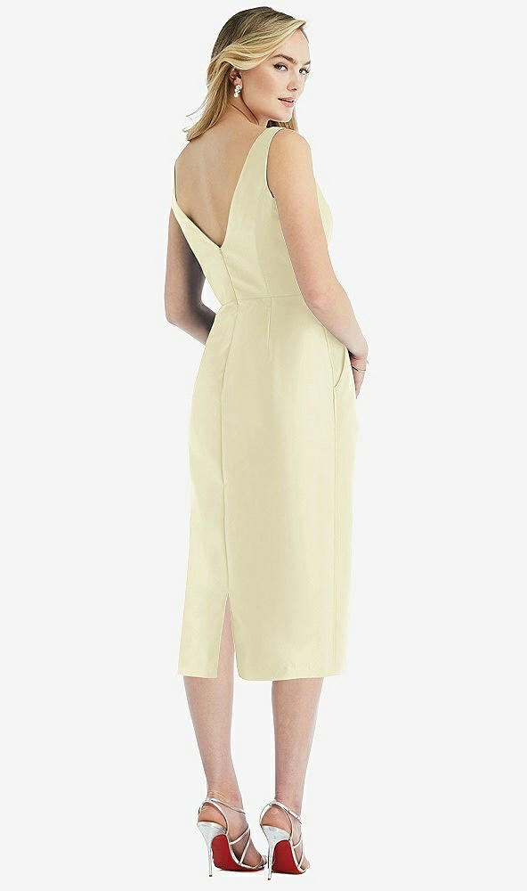 Back View - Butter Yellow Sleeveless Bow-Waist Pleated Satin Pencil Dress with Pockets