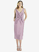 Front View Thumbnail - Suede Rose Sleeveless Bow-Waist Pleated Satin Pencil Dress with Pockets