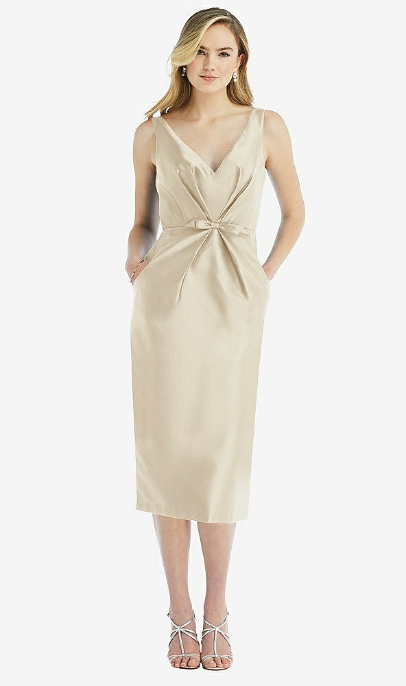 Front View - Champagne Sleeveless Bow-Waist Pleated Satin Pencil Dress with Pockets