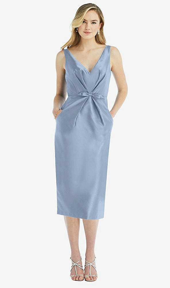 Front View - Cloudy Sleeveless Bow-Waist Pleated Satin Pencil Dress with Pockets
