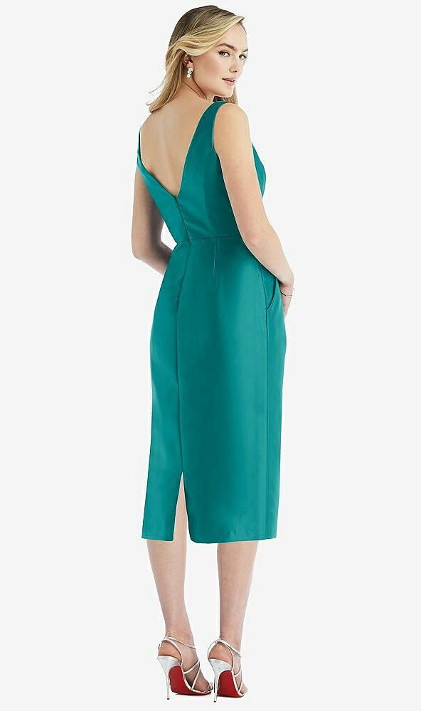 Back View - Jade Sleeveless Bow-Waist Pleated Satin Pencil Dress with Pockets