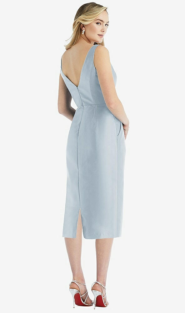 Back View - Mist Sleeveless Bow-Waist Pleated Satin Pencil Dress with Pockets