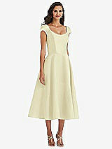 Front View Thumbnail - Butter Yellow Puff Cap Sleeve Full Skirt Satin Midi Dress