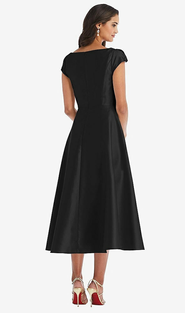 Back View - Black Puff Cap Sleeve Full Skirt Satin Midi Dress