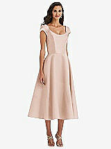 Front View Thumbnail - Cameo Puff Cap Sleeve Full Skirt Satin Midi Dress