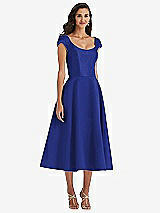 Front View Thumbnail - Cobalt Blue Puff Cap Sleeve Full Skirt Satin Midi Dress