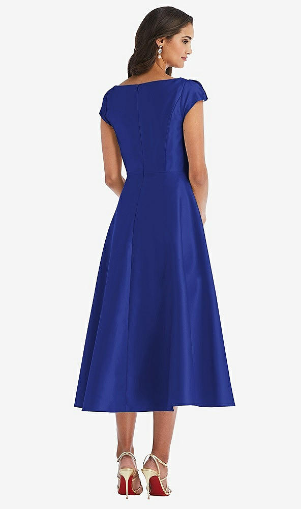 Back View - Cobalt Blue Puff Cap Sleeve Full Skirt Satin Midi Dress