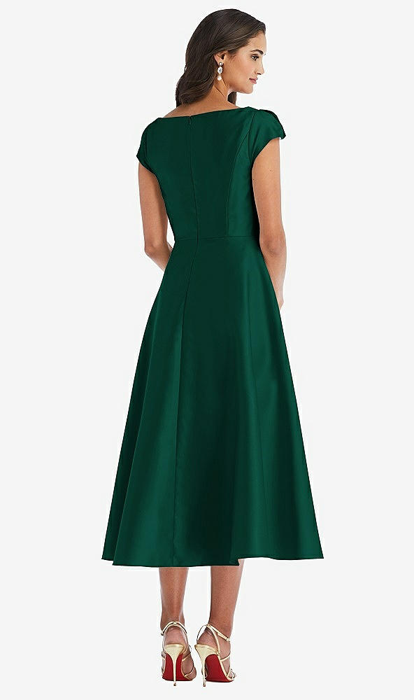 Back View - Hunter Green Puff Cap Sleeve Full Skirt Satin Midi Dress