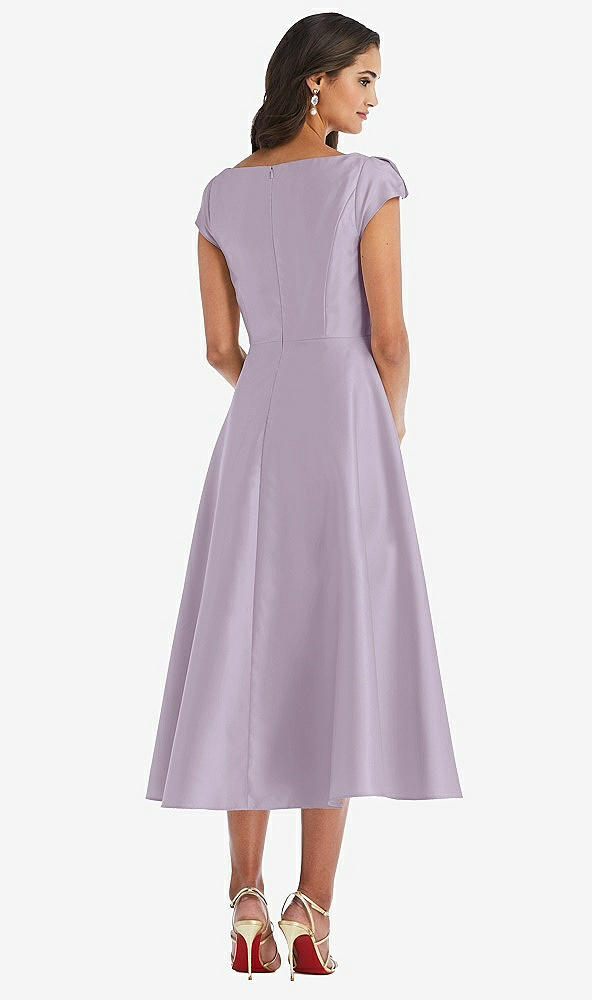 Back View - Lilac Haze Puff Cap Sleeve Full Skirt Satin Midi Dress