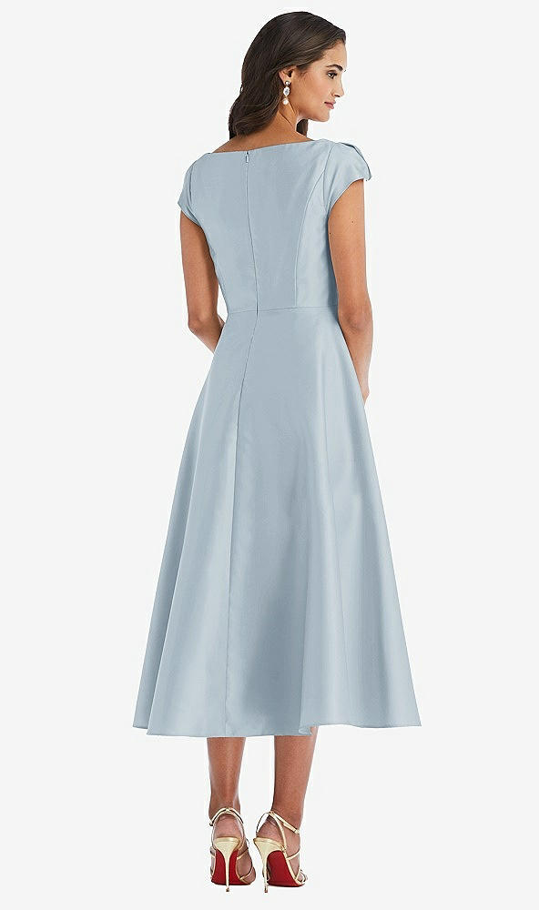Back View - Mist Puff Cap Sleeve Full Skirt Satin Midi Dress