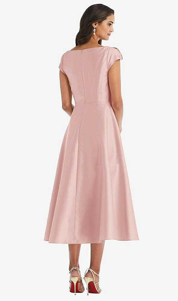 Back View - Rose Puff Cap Sleeve Full Skirt Satin Midi Dress