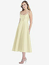 Side View Thumbnail - Butter Yellow Spaghetti Strap Full Skirt Satin Midi Dress