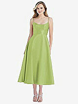 Front View Thumbnail - Mojito Spaghetti Strap Full Skirt Satin Midi Dress
