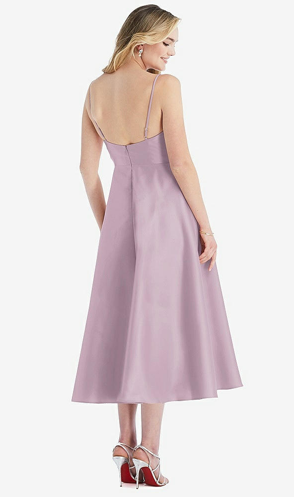 Back View - Suede Rose Spaghetti Strap Full Skirt Satin Midi Dress