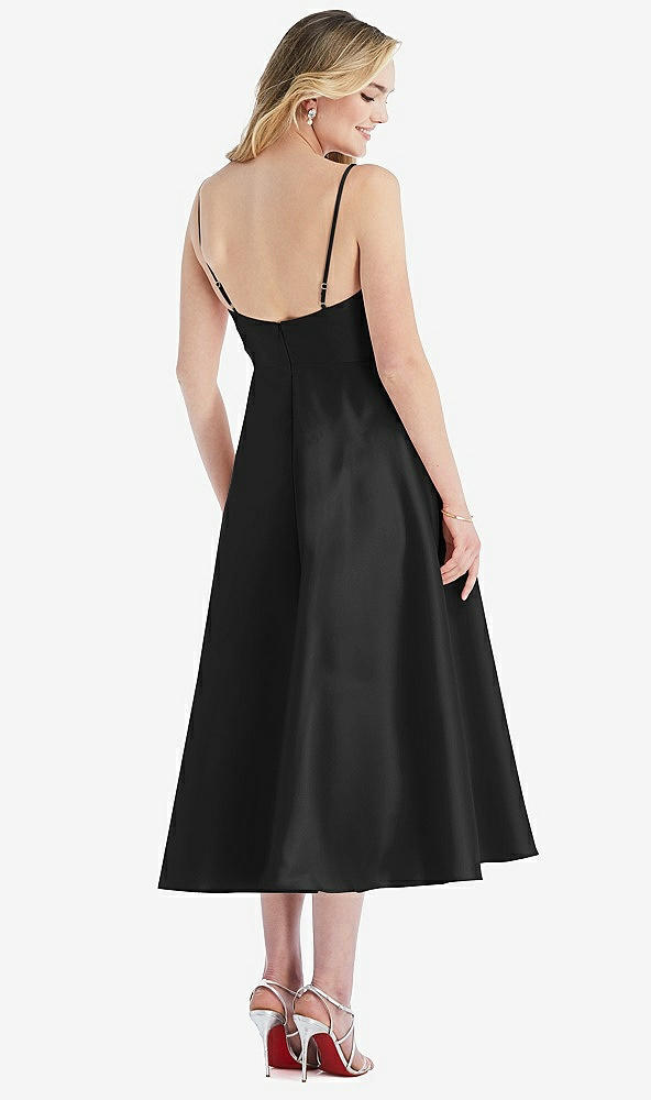 Back View - Black Spaghetti Strap Full Skirt Satin Midi Dress