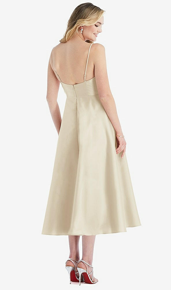 Back View - Champagne Spaghetti Strap Full Skirt Satin Midi Dress
