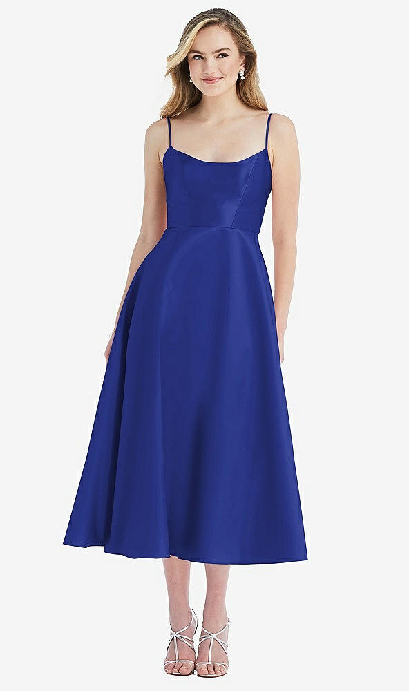 Front View - Cobalt Blue Spaghetti Strap Full Skirt Satin Midi Dress