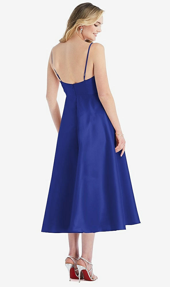 Back View - Cobalt Blue Spaghetti Strap Full Skirt Satin Midi Dress