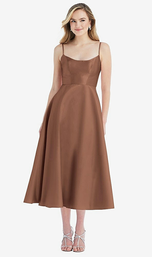 Front View - Cognac Spaghetti Strap Full Skirt Satin Midi Dress