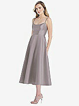 Side View Thumbnail - Cashmere Gray Spaghetti Strap Full Skirt Satin Midi Dress