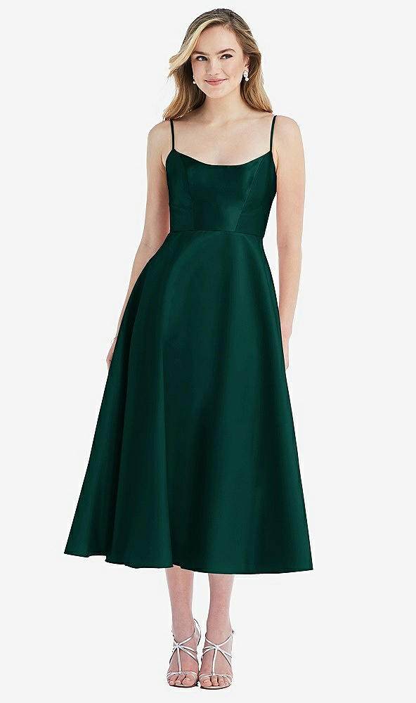 Front View - Evergreen Spaghetti Strap Full Skirt Satin Midi Dress